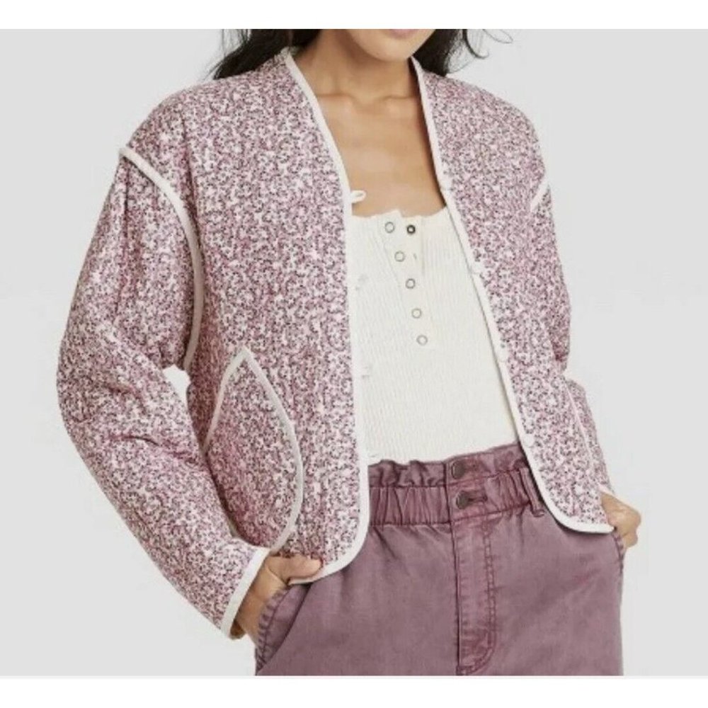Universal Thread Pink Quilted Open-Front Jacket with Cream Trim